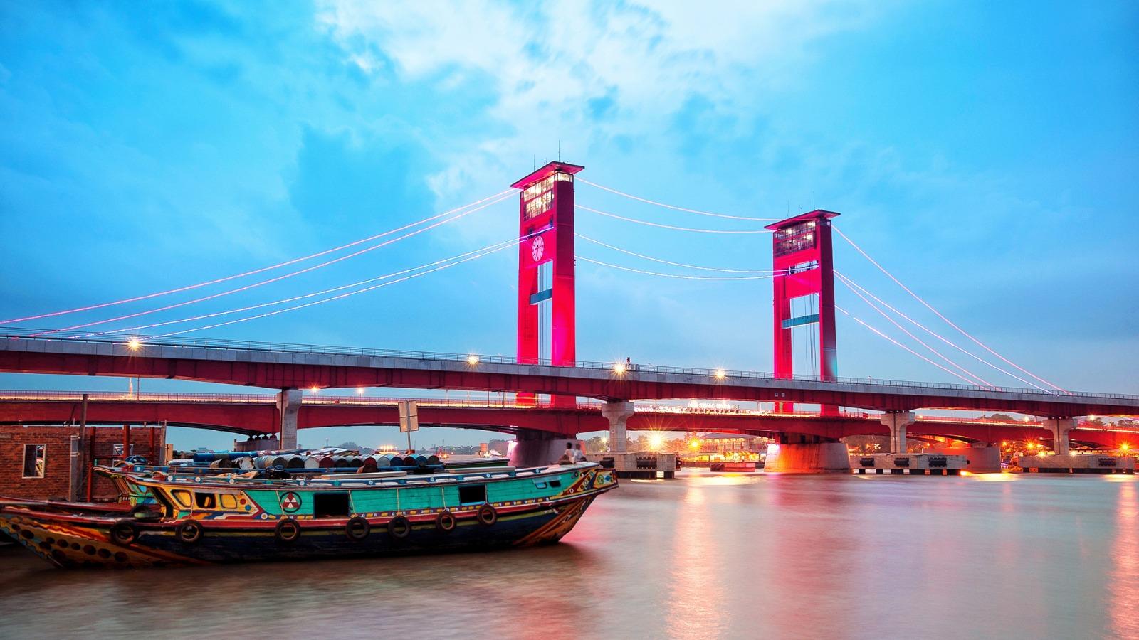 Ampera Bridge over Musi River at night, Palembang